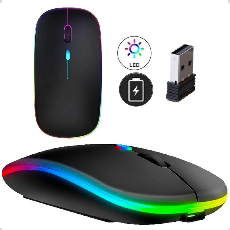 Mouse Sem Fio Recarregável Wireless Optico Led Rgb Ergonômico Sem Fio Para Pc Desktop Notebook Tablet Smartphone